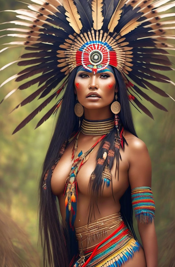 Woman in Native American headdress and jewelry against natural backdrop