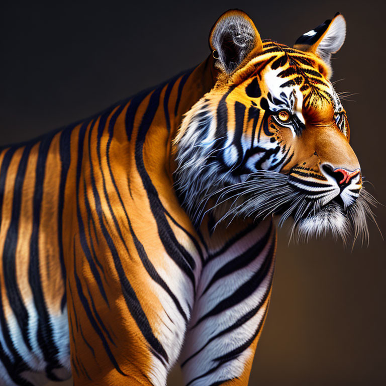 Majestic tiger with vibrant orange fur and bold black stripes on dark background