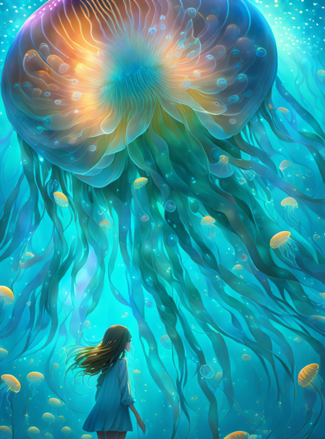 Young girl observes giant glowing jellyfish in underwater scene