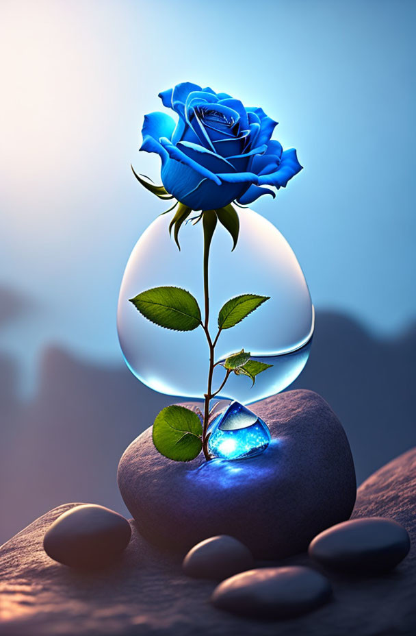 Blue rose with green leaves in clear bubble on stone, twilight backdrop.