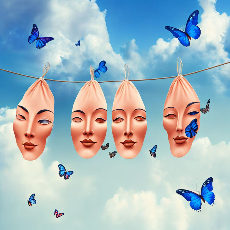 Four colorful masks on a line with fluttering butterflies against a blue sky.