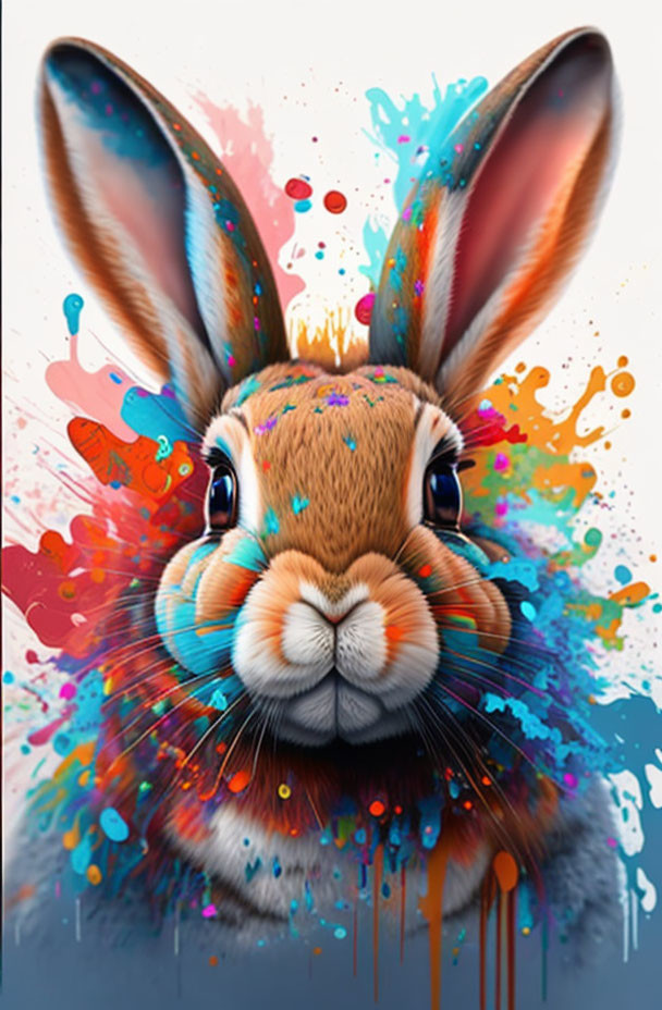 Colorful digital artwork: Rabbit with multicolored paint splash