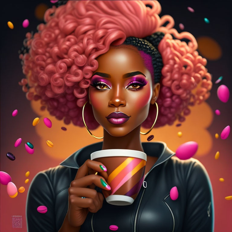 Digital illustration of woman with pink curls holding cup, surrounded by colorful petals on warm backdrop.