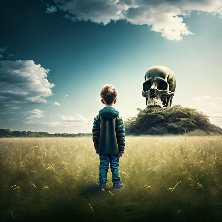 Child in field with giant skull on horizon under dramatic sky