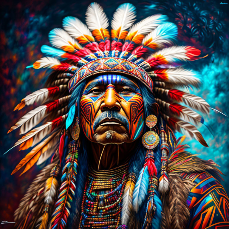 Native American man in traditional regalia with feathered headdress and face paint