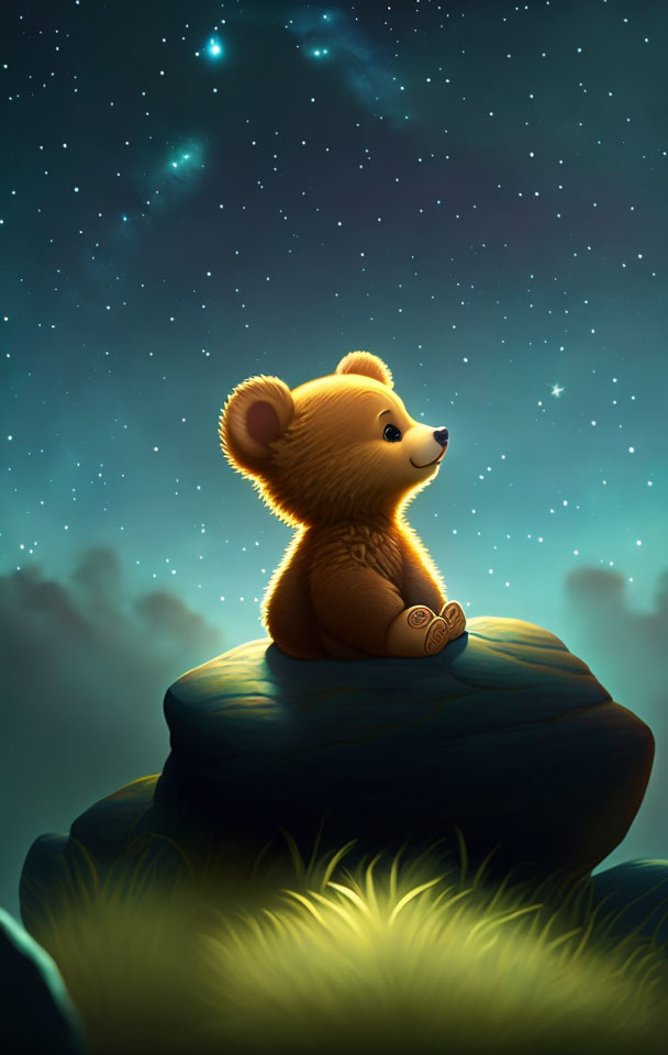 Plush teddy bear on rock under starry night sky