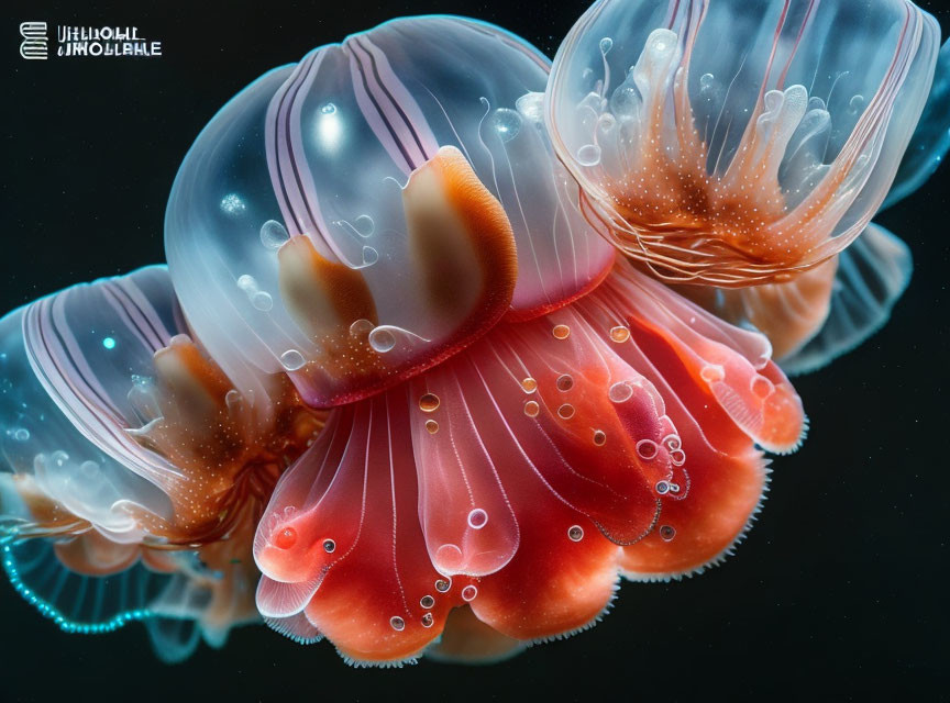 Vivid close-up of three colorful jellyfish in dark blue setting