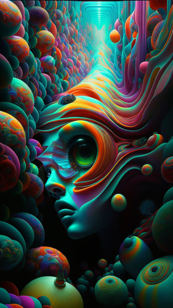 Colorful surreal face illustration with psychedelic patterns and shapes.