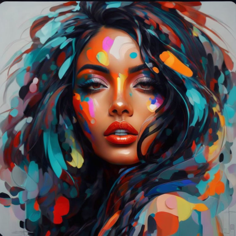 Vibrant digital painting of a woman with colorful paint splashes