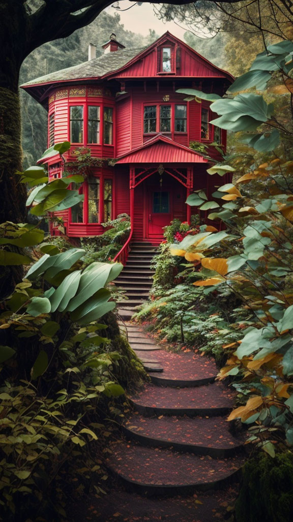 Vibrant Red Victorian House in Lush Greenery