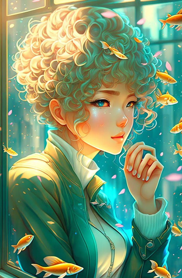 Curly-haired person with sparkling cheeks by window with golden fish.