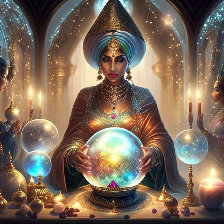 Regal sorceress with crystal ball in candlelit hall