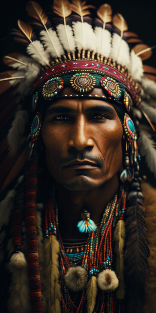 Person wearing Native American headdress with feathers and beadwork.