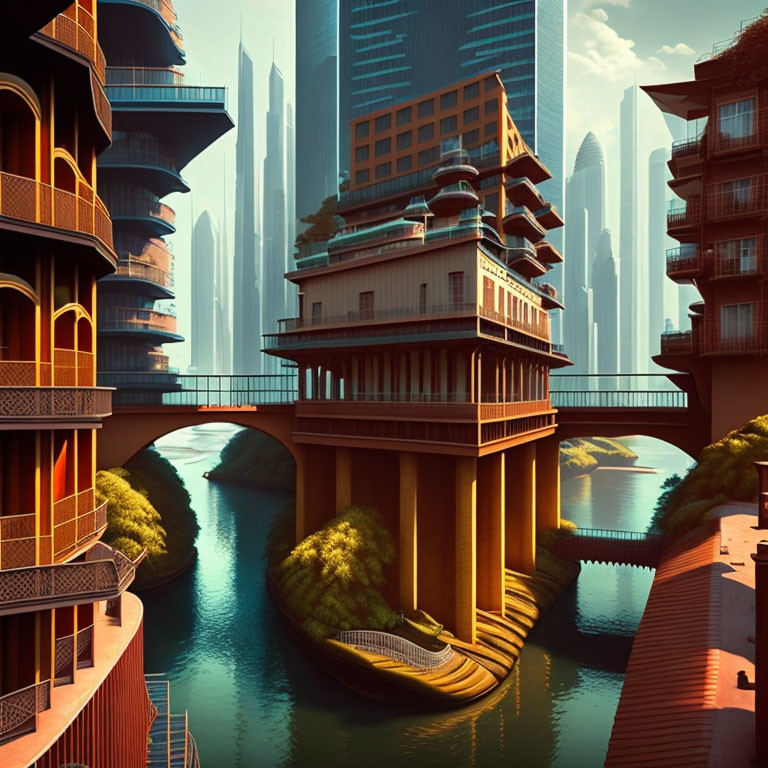 Futuristic cityscape blending Asian architecture with modern skyscrapers