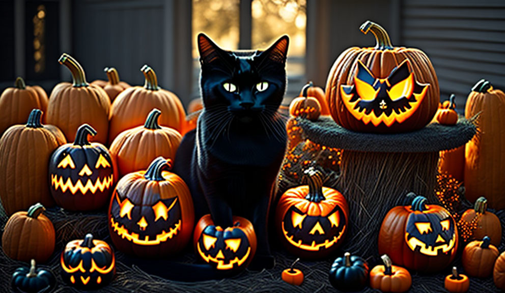 Black Cat Surrounded by Carved Pumpkins on a Spooky Porch