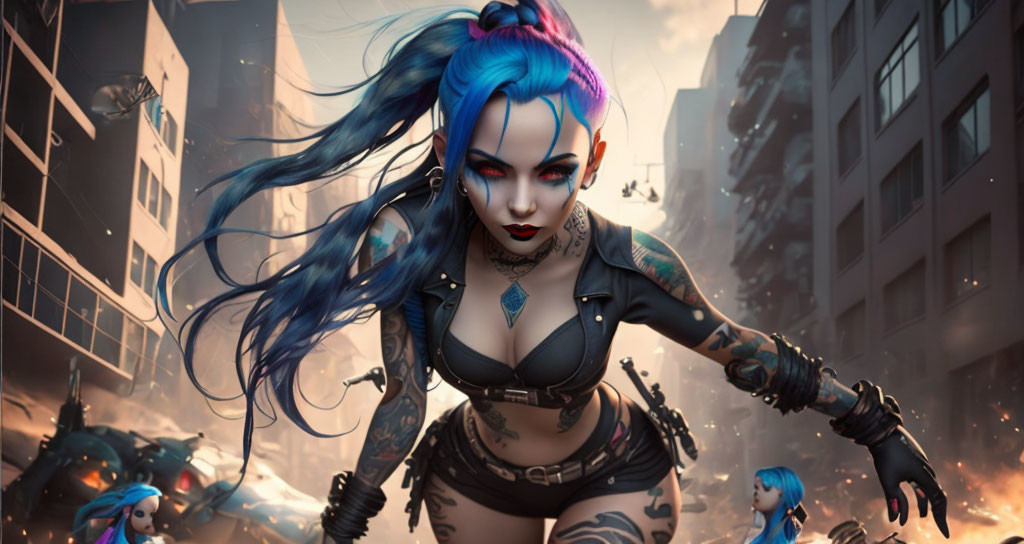 Blue-haired woman with tattoos in fiery dystopian cityscape.