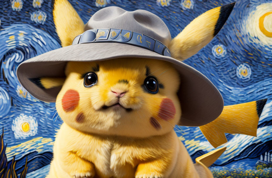 Adorable Pikachu in detective hat with Starry Night background