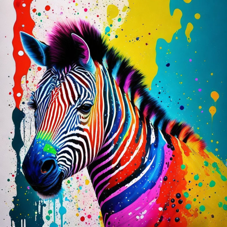 Colorful zebra painting on abstract splatter background