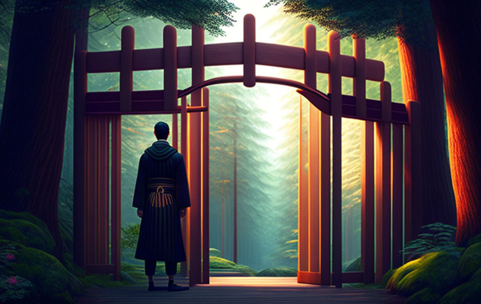 Traditional Attire Figure at Torii Gate in Forest Landscape