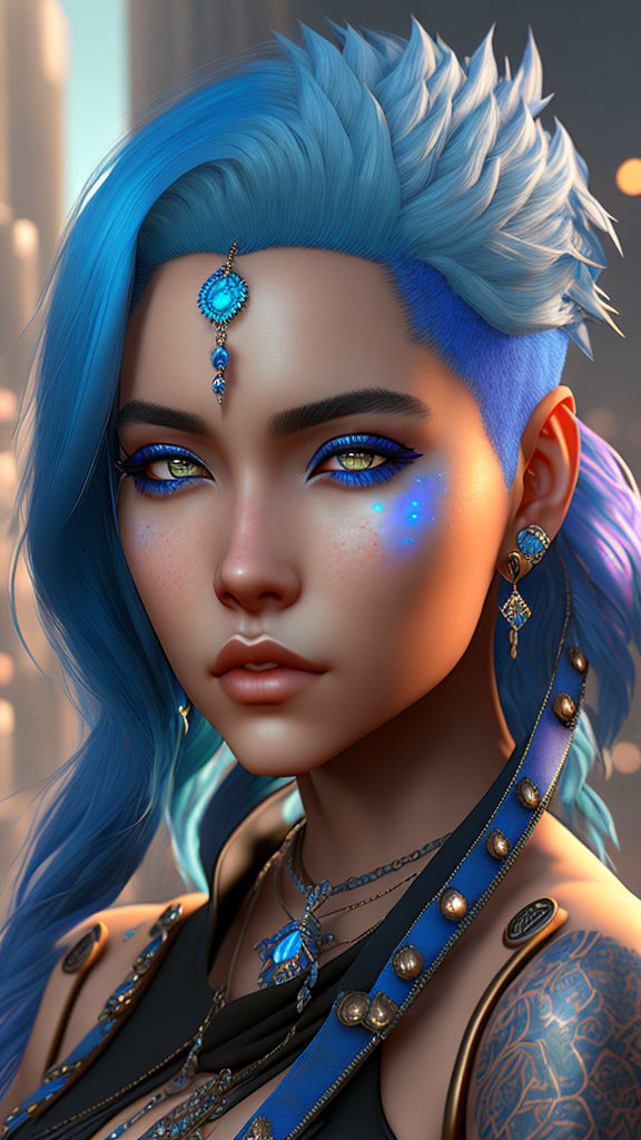 Vibrant Blue Hair and Glittering Makeup in Mystical Portrait