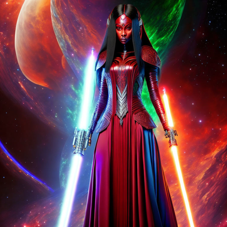 Regal alien female warrior with glowing swords in cosmic setting