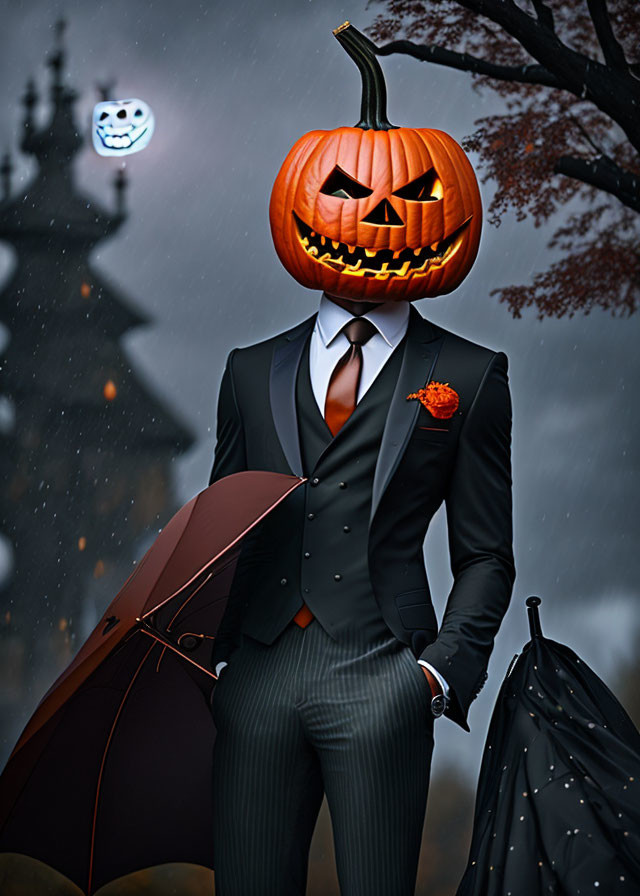 Pumpkin-headed figure in elegant attire under stormy sky with umbrella and ghostly silhouette.