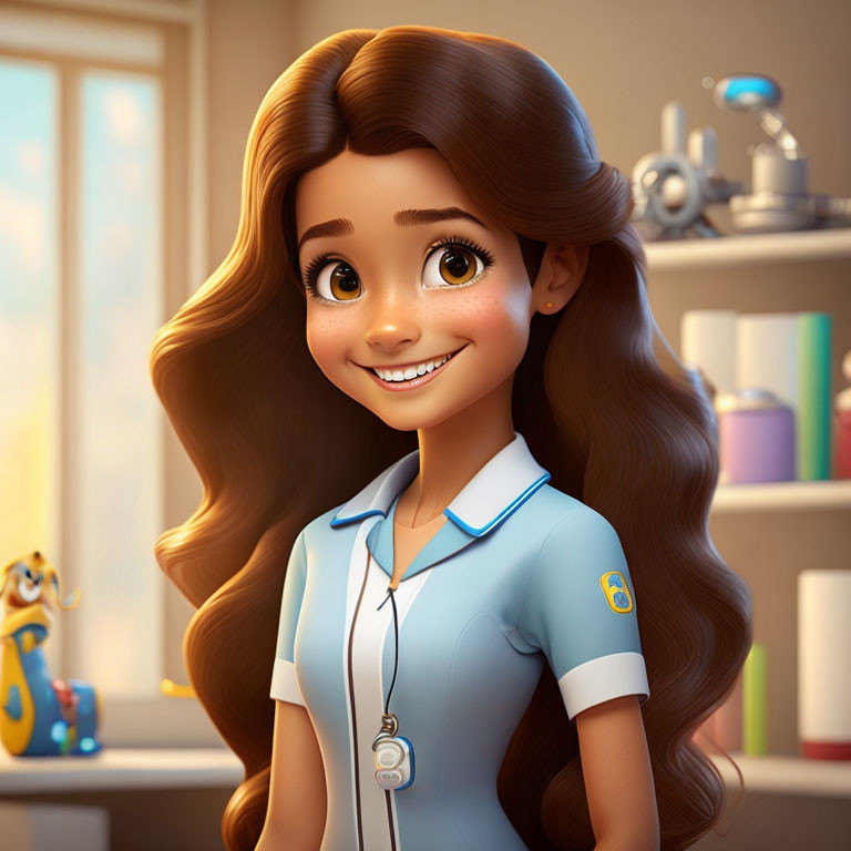 Long-haired brown-haired nurse in light blue uniform with stethoscope in colorful room