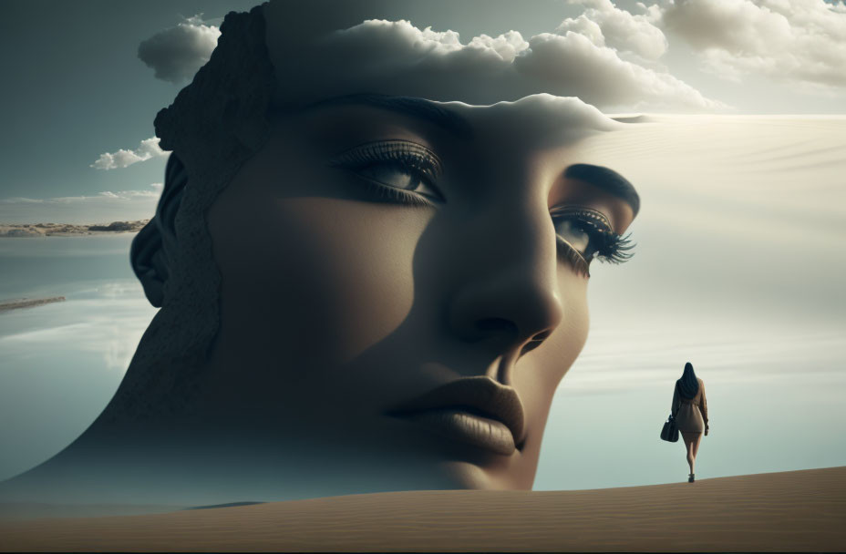 Giant female face in desert landscape with small figure and cloudy sky