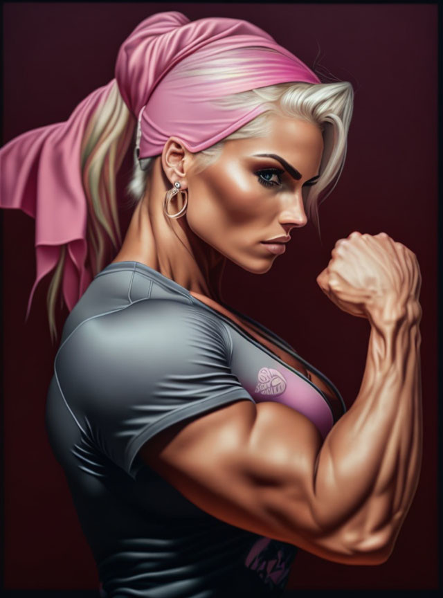 Muscular woman with blonde hair flexing biceps on burgundy background.