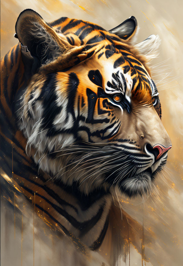 Detailed Digital Painting of Tiger's Head with Vibrant Orange and Black Stripes