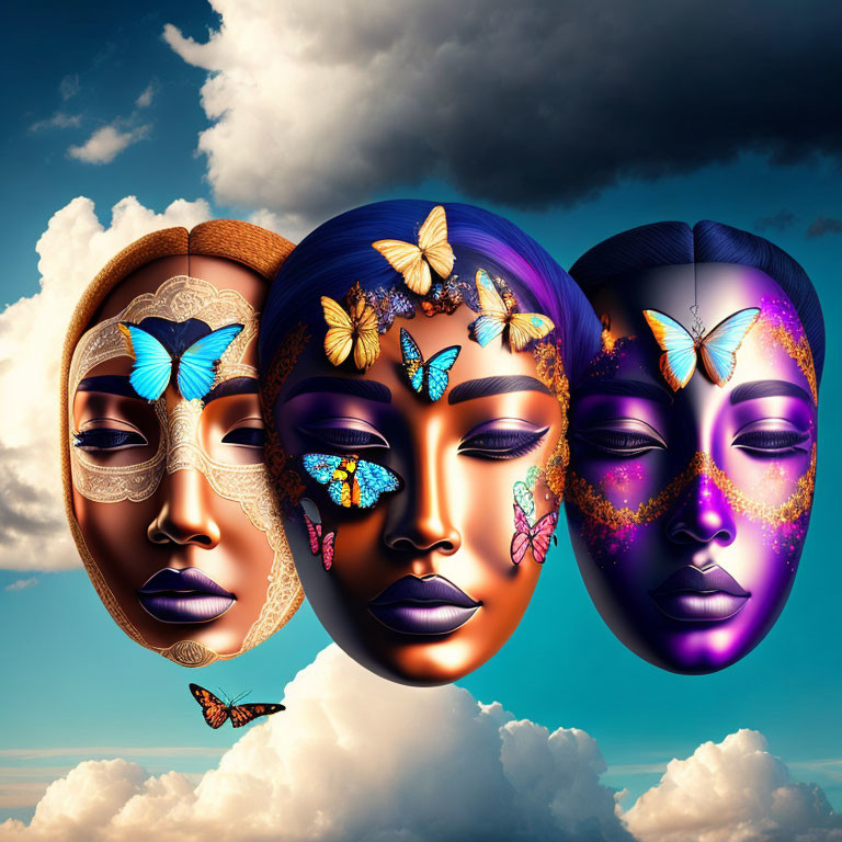 Stylized masks with female features and butterfly motifs against cloudy sky.