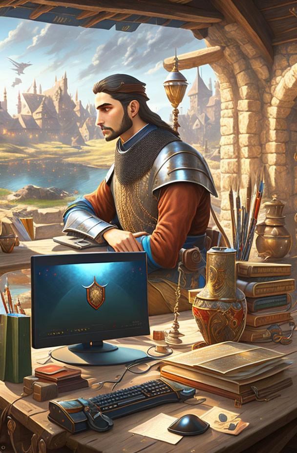 Medieval knight at modern desk with fantasy and technology blend