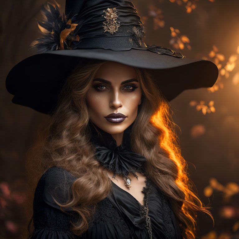 Woman in Black Witch Costume with Feathered Hat and Dramatic Makeup in Autumn Setting