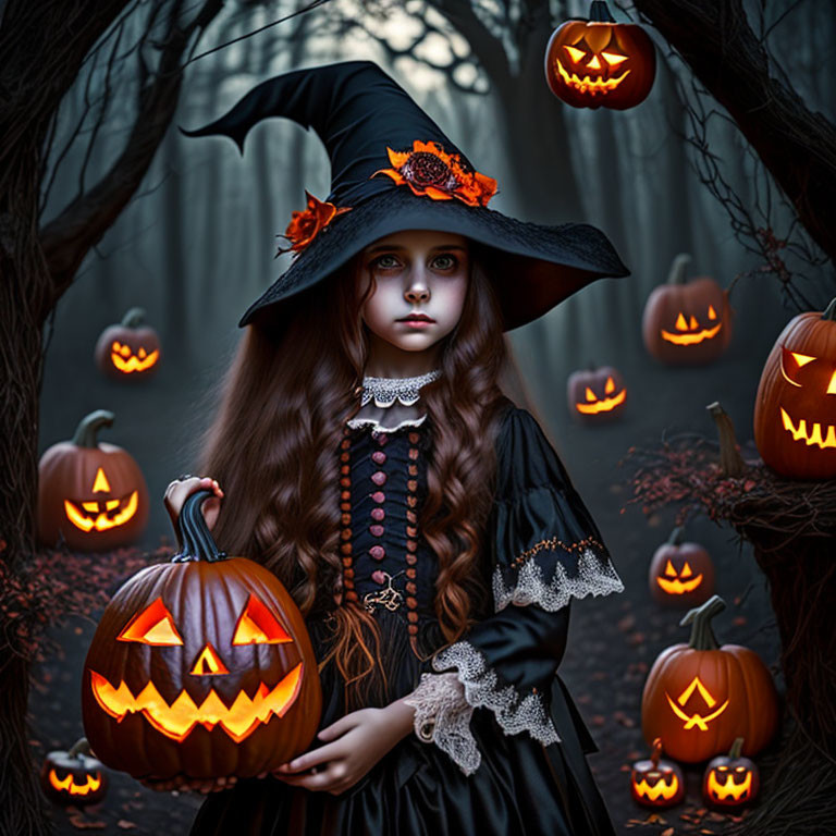 Young girl in witch costume with jack-o'-lantern in spooky forest