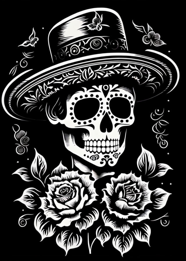 Monochrome skull with sombrero and floral motifs