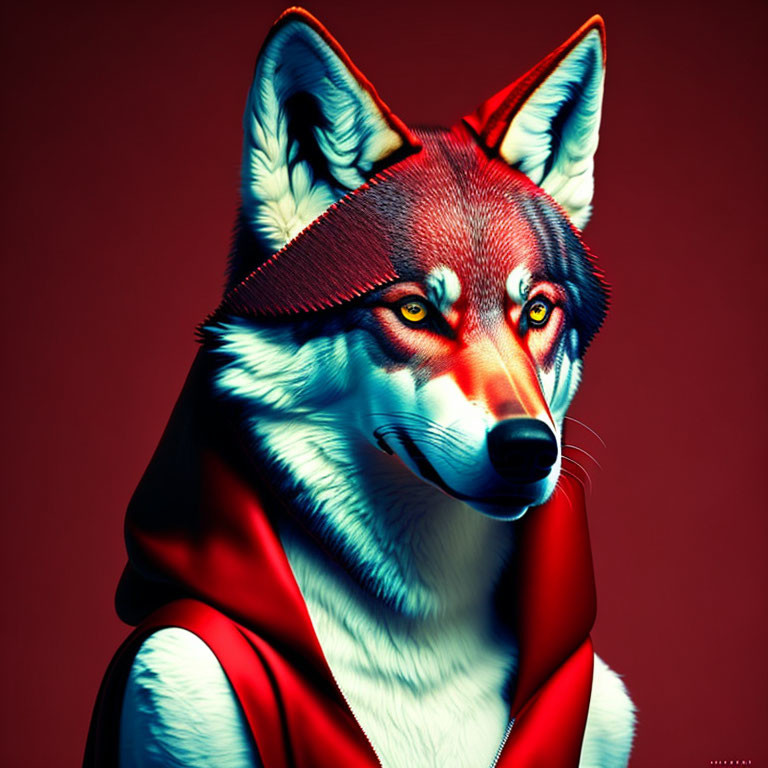 Digitally created image: Husky with human-like features in red hooded garment