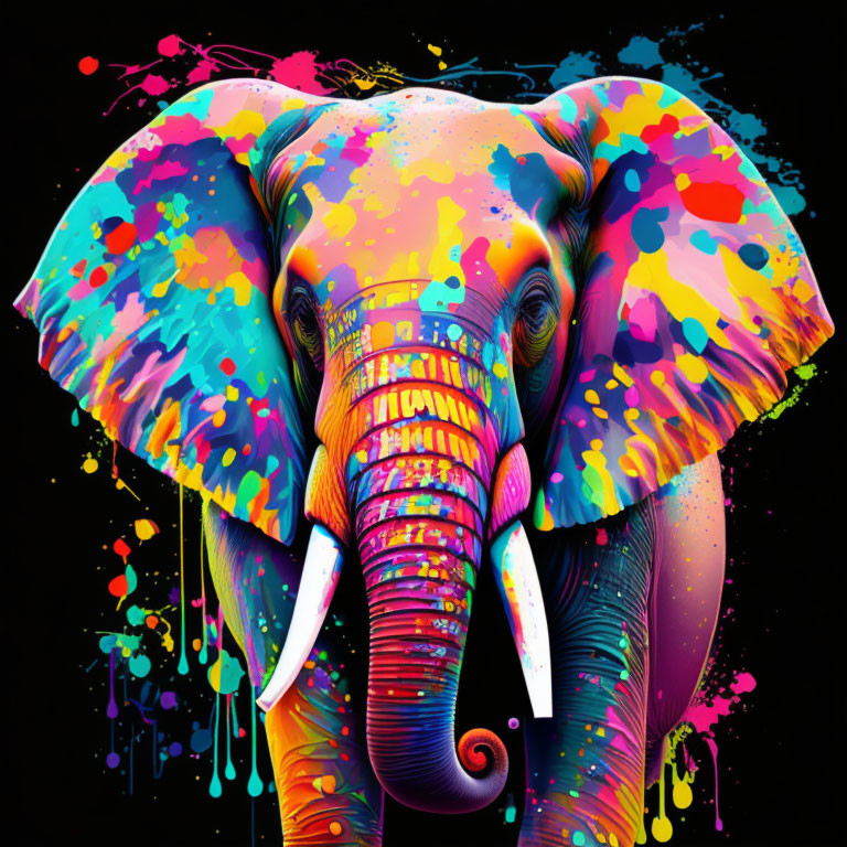 Colorful Psychedelic Elephant Artwork on Black Background