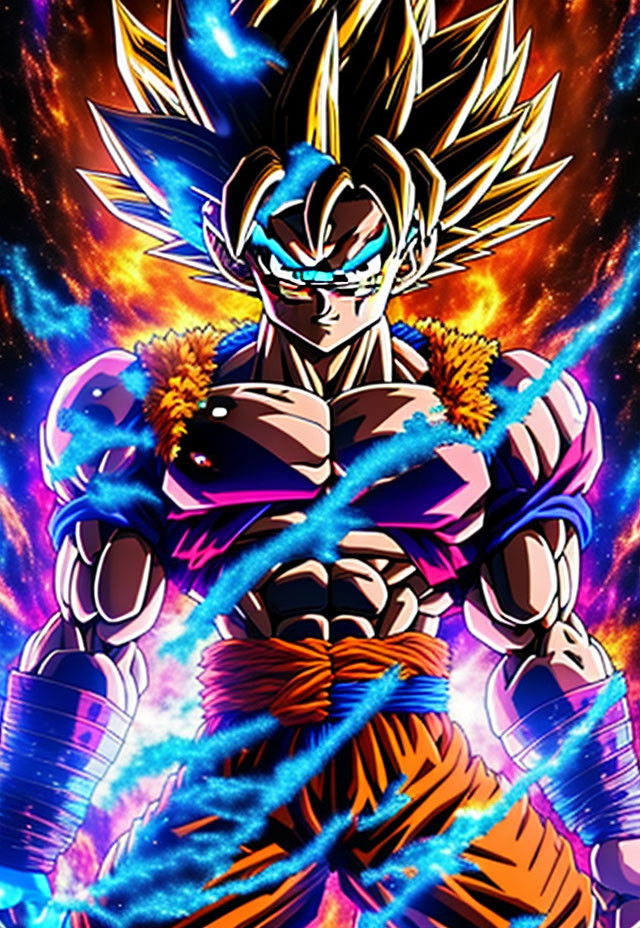 Dynamic Super Saiyan Goku illustration with golden spiky hair in blue and purple energy.