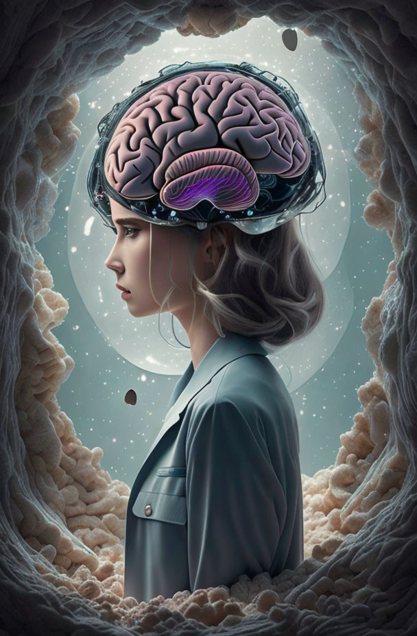 Surreal illustration of woman with brain helmet gazing into cosmic portal