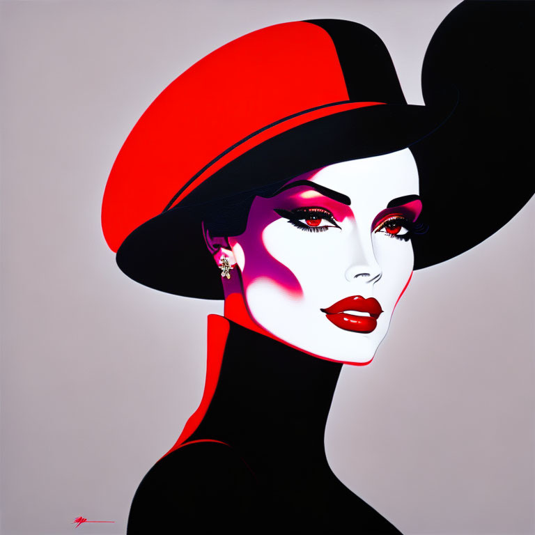 Stylized woman portrait with red lipstick and hat in high contrast.