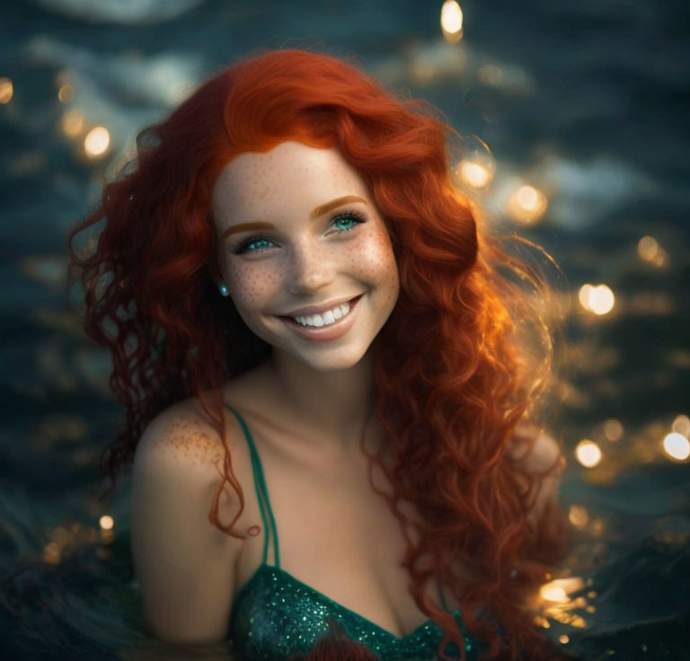 Red-haired woman with freckles underwater in a mermaid-like pose