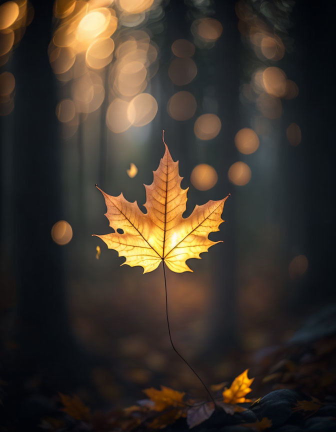 Golden Maple Leaf Suspended in Dark Forest with Sunlight Filtering Through Trees