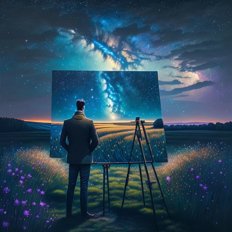 Man in suit gazes at canvas blending vibrant night sky with tranquil field