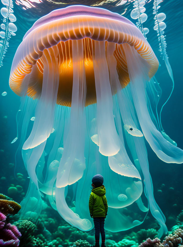 Underwater scene: person in green jacket gazes at giant orange jellyfish