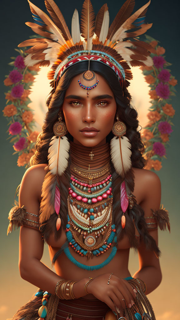 Portrait of woman with feathered headdress and bead jewelry on warm backdrop