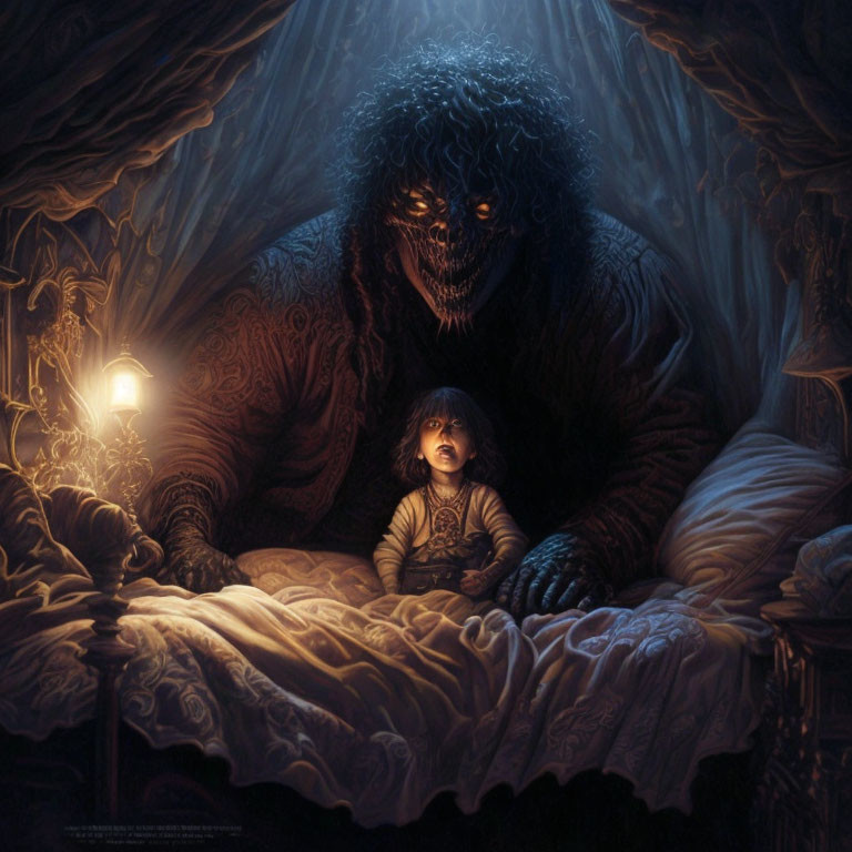 Child on bed gazes at towering, dark, glowing-eyed figure in intricate room