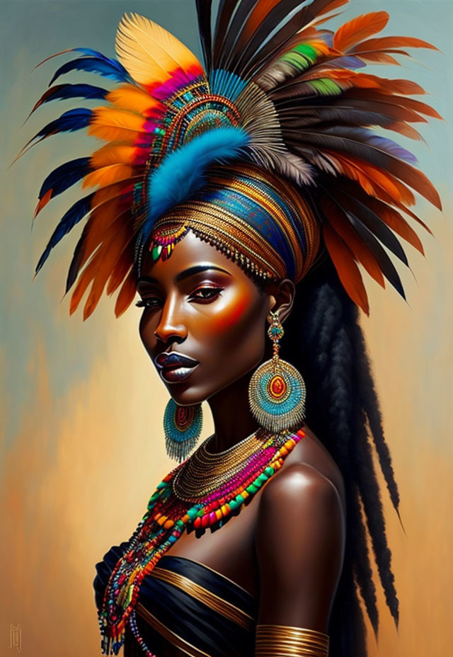 Vibrant digital artwork of a woman with feather headdress and face paint