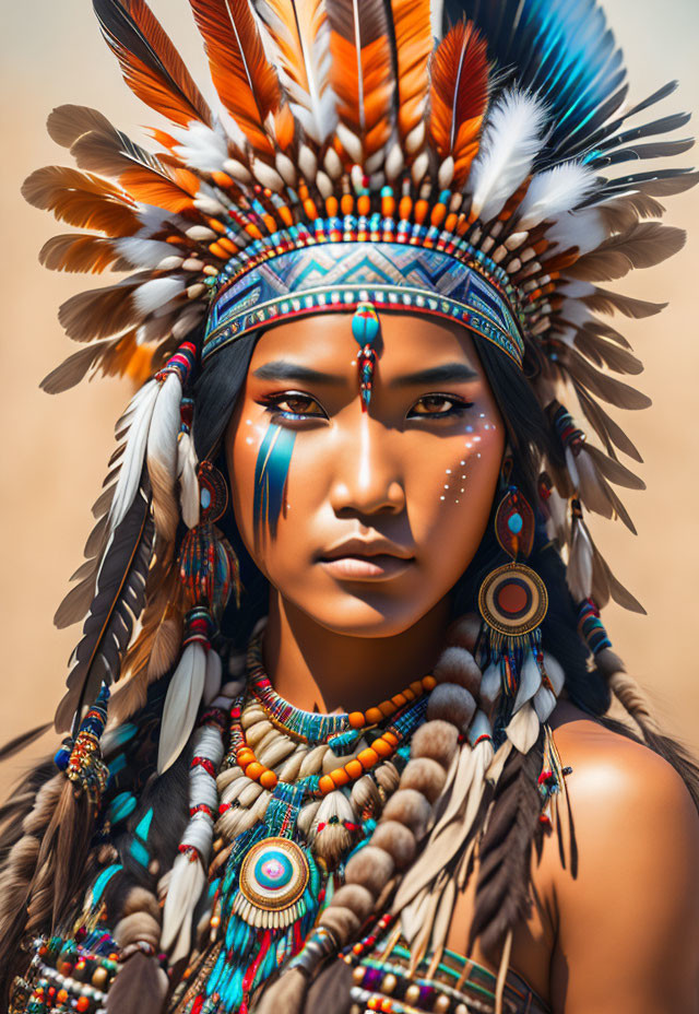 Person in Native American headdress with feathers, beadwork, and face paint on tan background