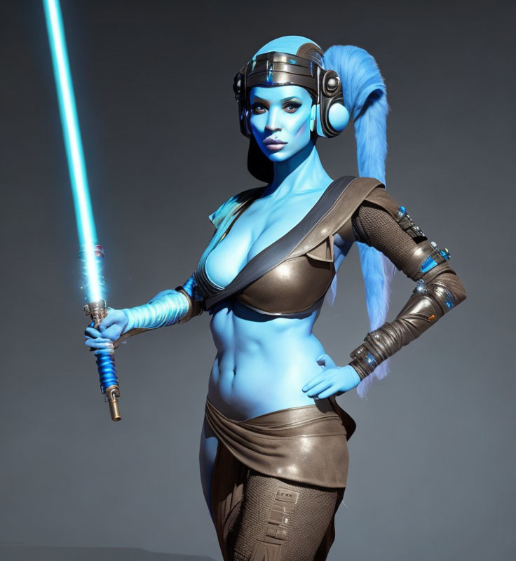 Blue-skinned female character with futuristic headphones and lightsaber in sci-fi attire on grey background