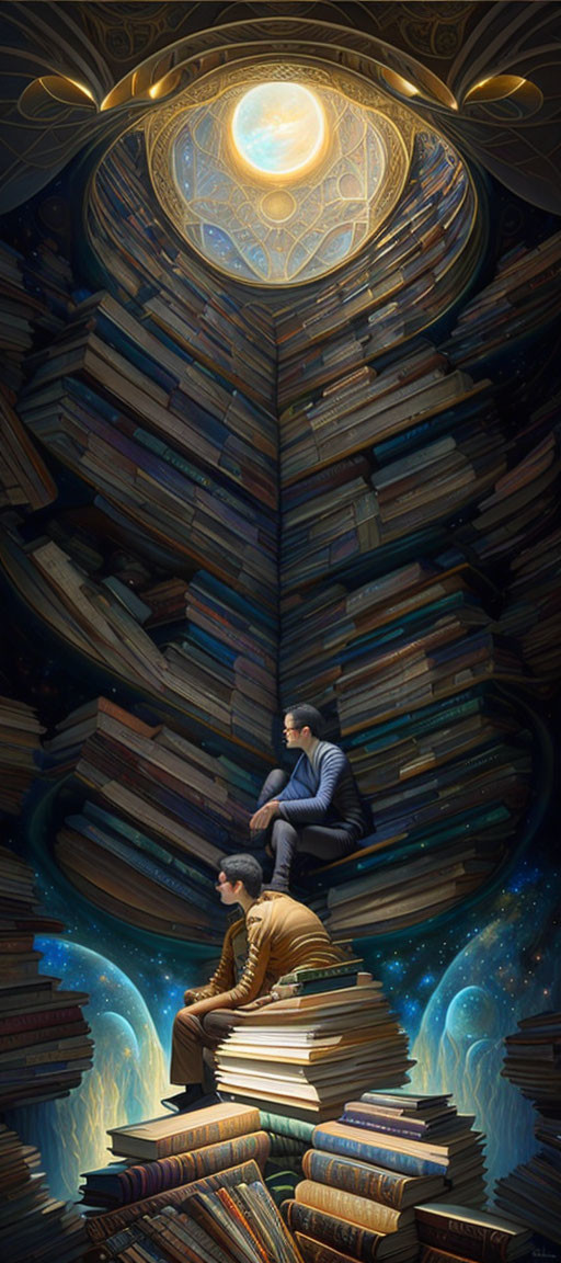 Men sitting on spiral of large books with glowing orb in intricate structure.